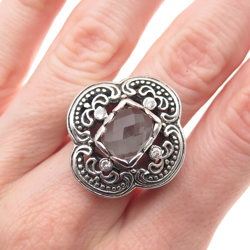 925 Sterling Silver Vintage Real Green Amethyst & C Z Floral Ring Size 9.25